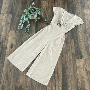 Loveimgs Wrinkled Ice Silk Front Tie Wide Leg Jumpsuit in Khaki